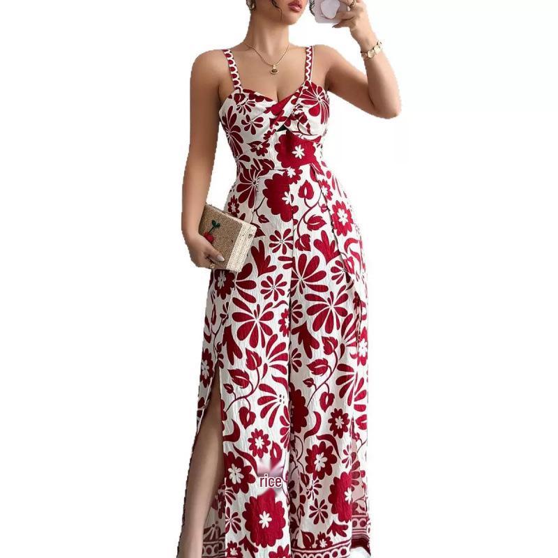 2025 Elegant Twist Print Spaghetti Strap Backless Jumpsuit with Wide Leg and Long Pants Skirt
