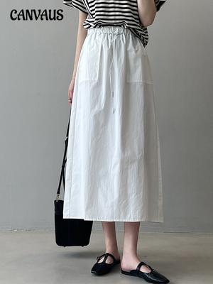 Vintage High Waist Double Pocket Work Half Skirt Summer Women's Tie Elastic A-line Skirt