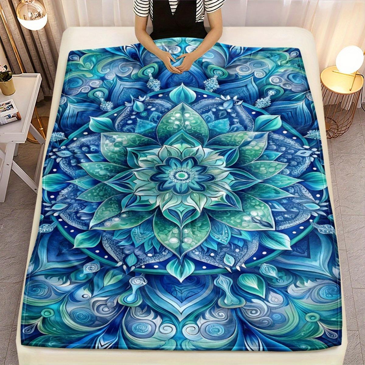 Очень большой синий плед-мандала - Мягкий фланелевый плед с бирюзовым и зеленым цветочным узором, Тяжелый 70x100cm