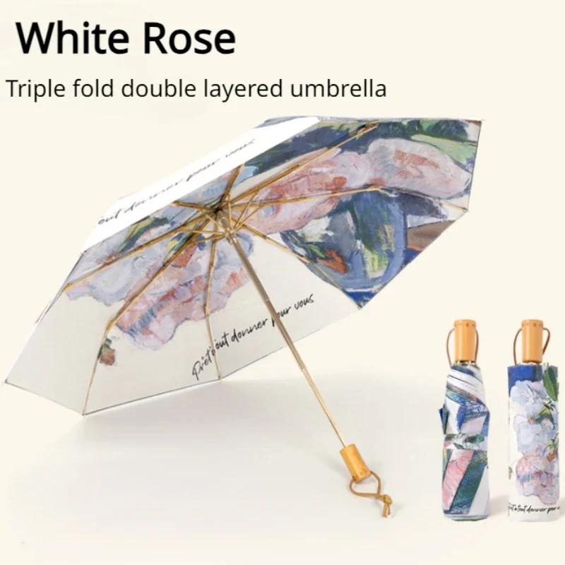 Double Layer Umbrella Wood Handle Vintage Floral Three Fold Umbrellas Foldable Uv Protection Sunshade Sun Protection Umbrellas