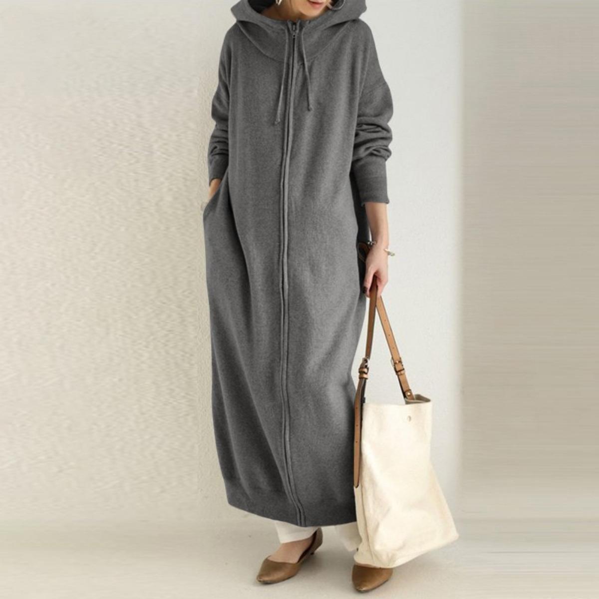 

Women s Plus Size Solid Color Fleece Lined Hooded Zip Up Long Sweatshirt Dress Casual Long Sleeve Sport Jacket 5XL сірий колір