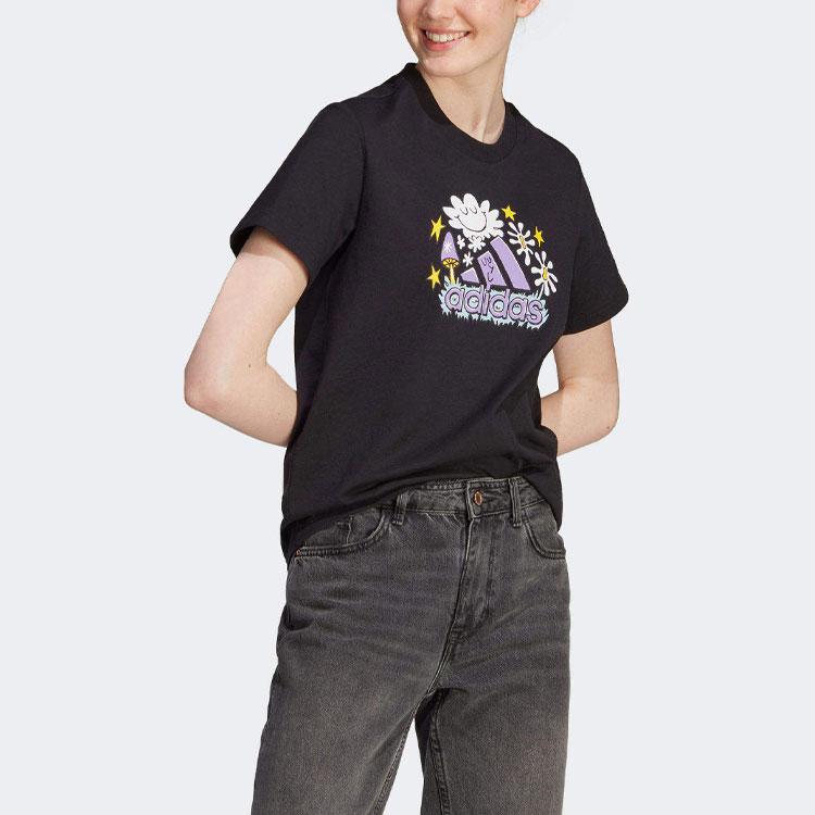 Adidas Doodle Letter Logo Cartoon Print Round Neck Short Sleeve T-shirt Women Tops Black IJ7327