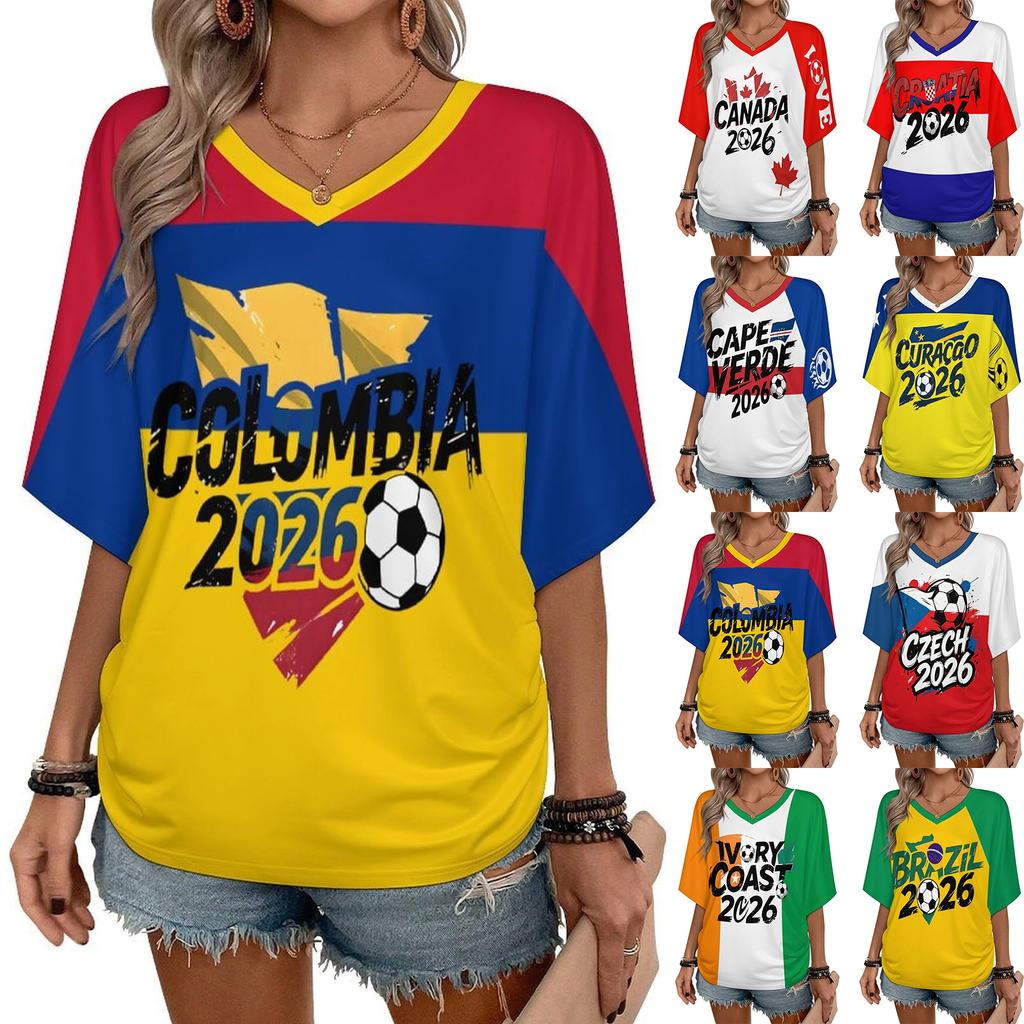 Women's Casual V Neck Short Sleeve Pullover T Shirt Letter Print Top Soccer Support Fan Apparel for Outdoor Activities