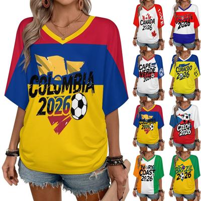 Womens Casual V Neck Short Sleeve Pullover T Shirt with Letter Print Loose Fit Top for Soccer Supporters 2026