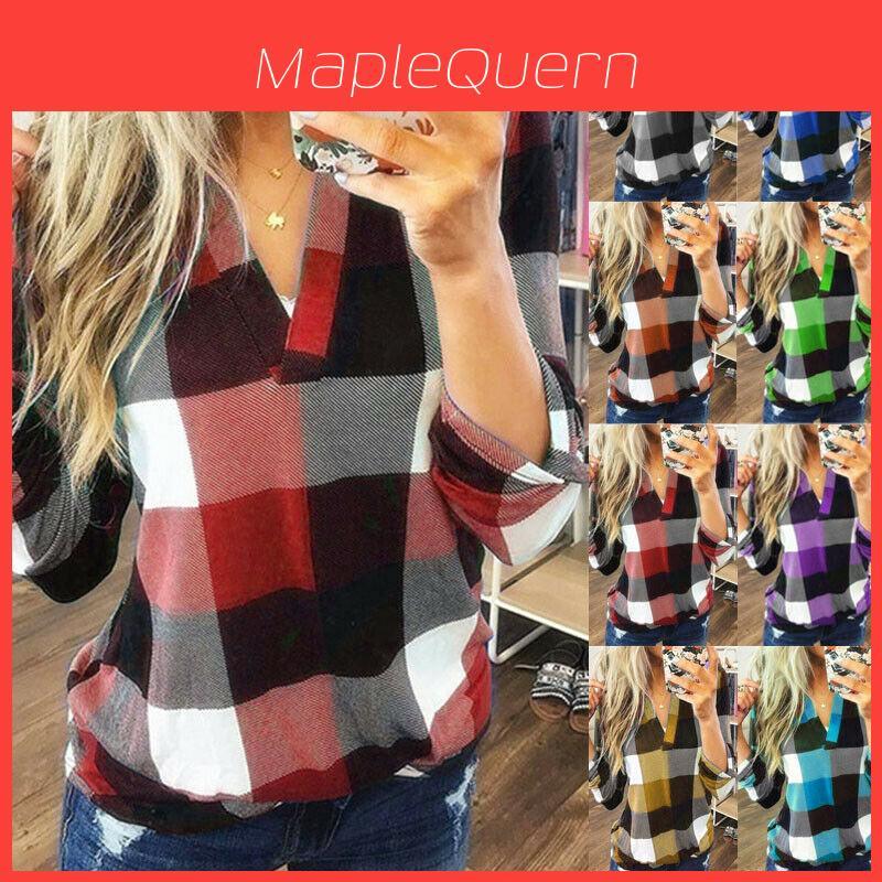 Stylish S-5xl Women's Long Sleeve Plaid T-shirt Blouse With V-neck Design