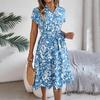 Women Summer V Neck Knee Length Pleated Print Belt Fashion Dress
