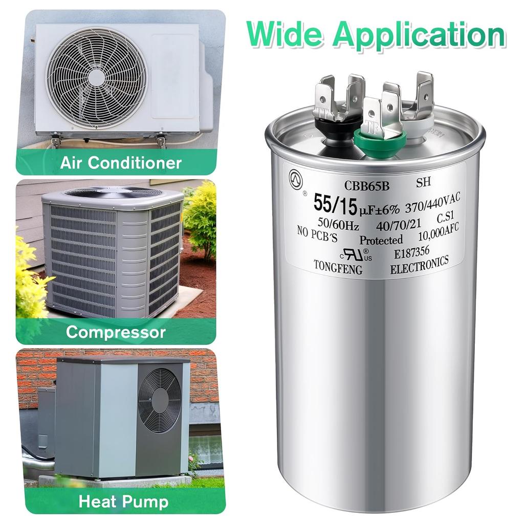 55+15 uF±6% 370/440V CBB65 Dual Run Round Capacitor for AC Motor, HVAC Capacitor, Air Conditioner Replacement, Heat Pump, Fan Start, Condenser