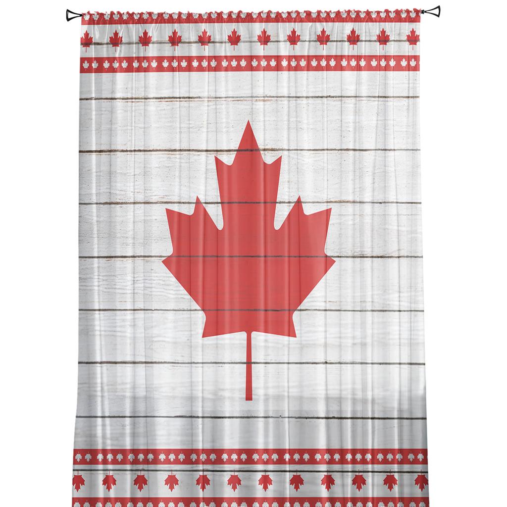 Autumn Maple Leaf Wood Plank Texture Tulle Curtains For Living Room Decoration Modern Chiffon Sheer Voile Kitchen Curtain