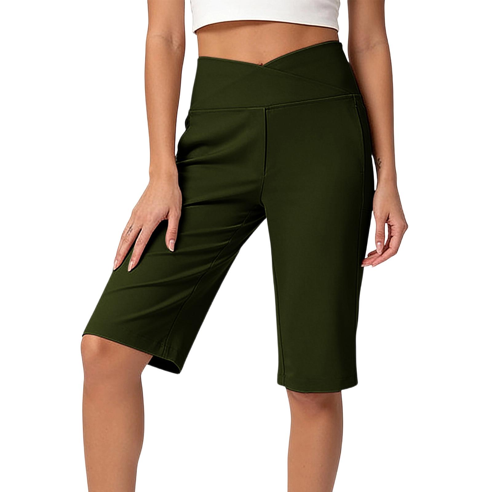 

Women s Fashion -Color Stretch Yoga Cropped Pants With Pockets L армия зеленый