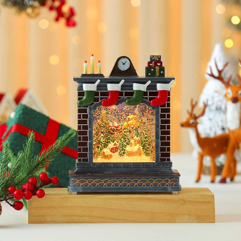 Music Ornament Fireplace Box With Snowman And Reindeer Christmas Gift Decor