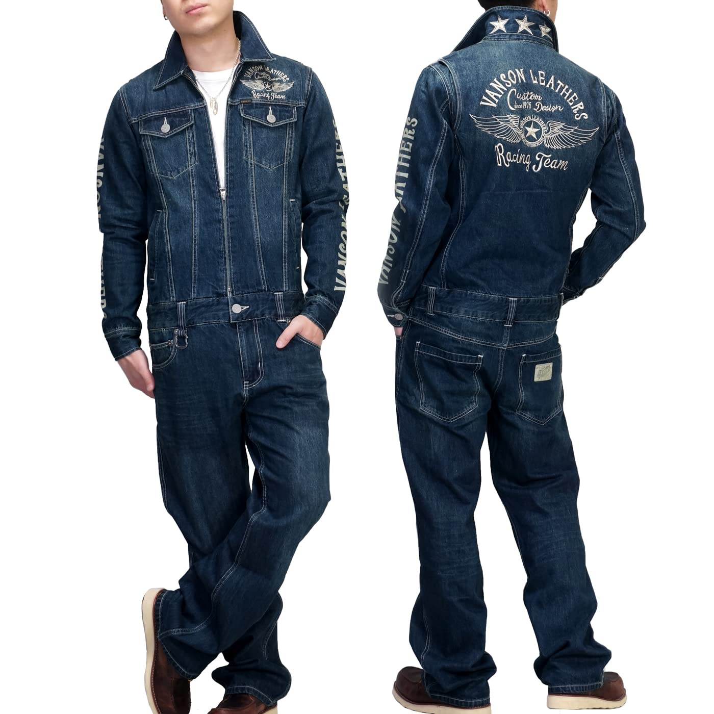 

Vanson Men s Flying Star Embroidered Jumpsuit, Workwear, nvao-301 (L, Indigo-A (One Wash))