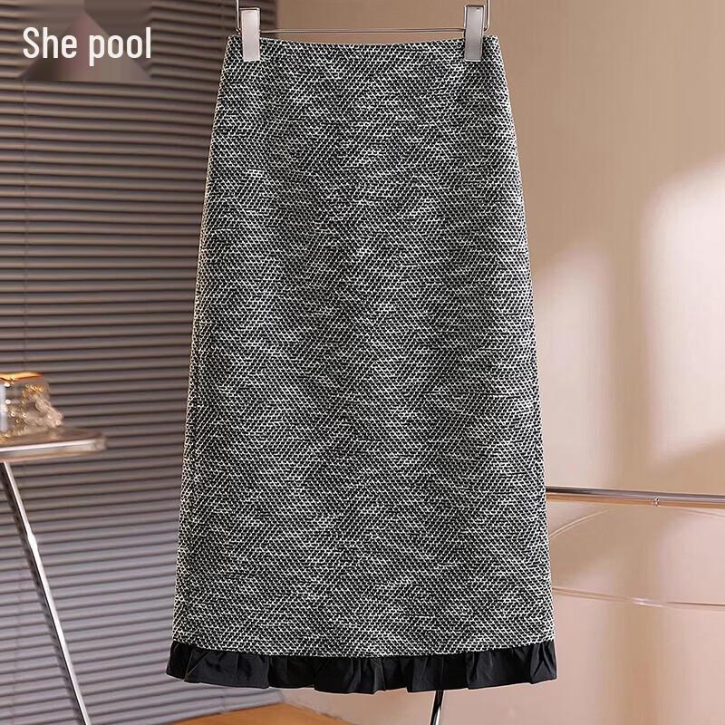 Tachi Plaid Ruffle Trim High-Waist Midi Skirt L