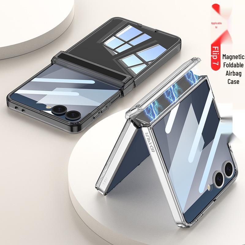 Samsung Z Flip7 Transparent Magnetic Hinge Phone Case with Full Coverage Airbag Protection