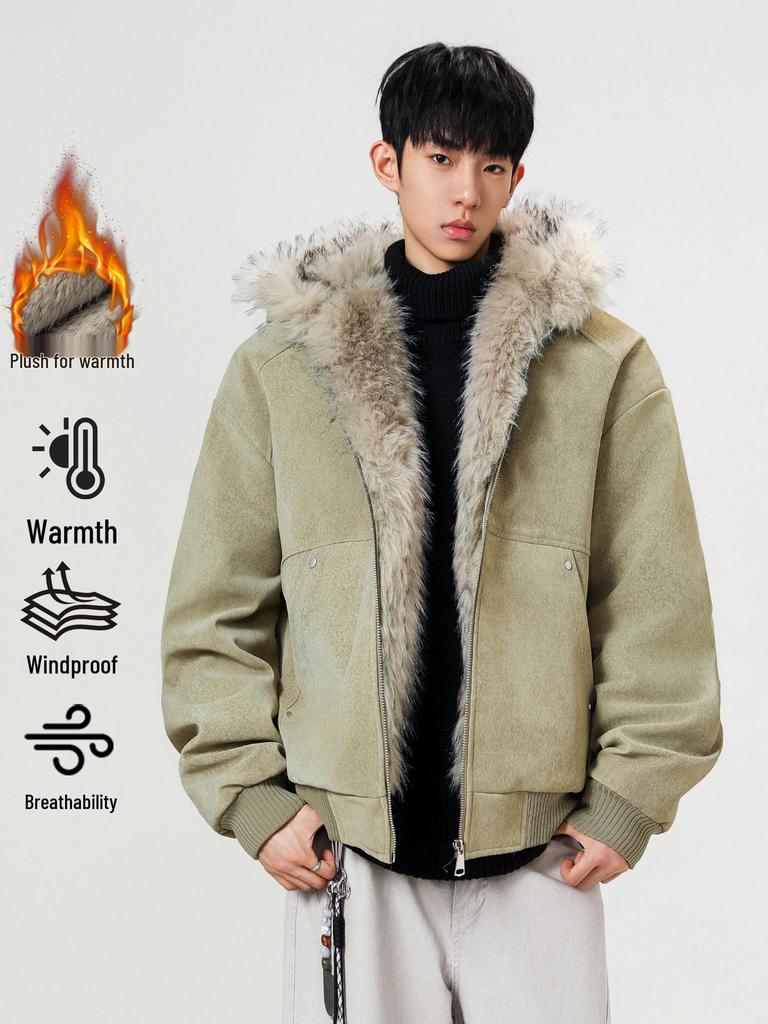 Unisex Winter Hooded Cotton Coat with Sable Collar, Thickened and Velvet-Lined for Warmth and Cold Protection