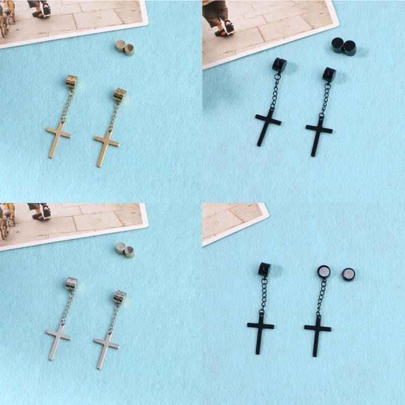 Set of 3 Pairs Non-perforated Magnet Stud Earrings Stainless Steel for Cross Dangling Earrings Clip On Jewelry for Women