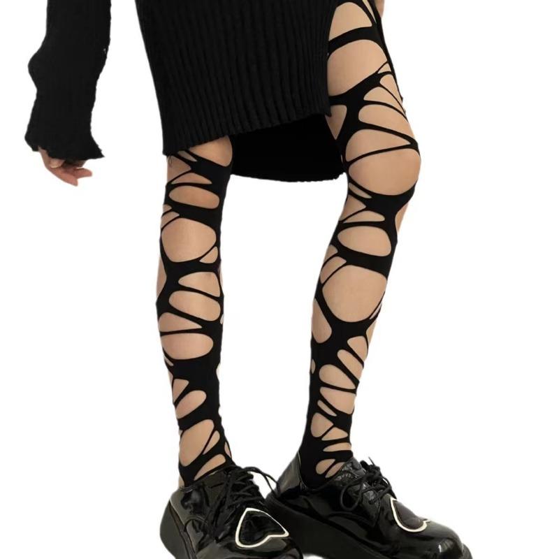 A Pair of Homemade Gothic Punk Style Stockings Hot Girl Subculture Black Hole Stockings Bottoming Pantyhose