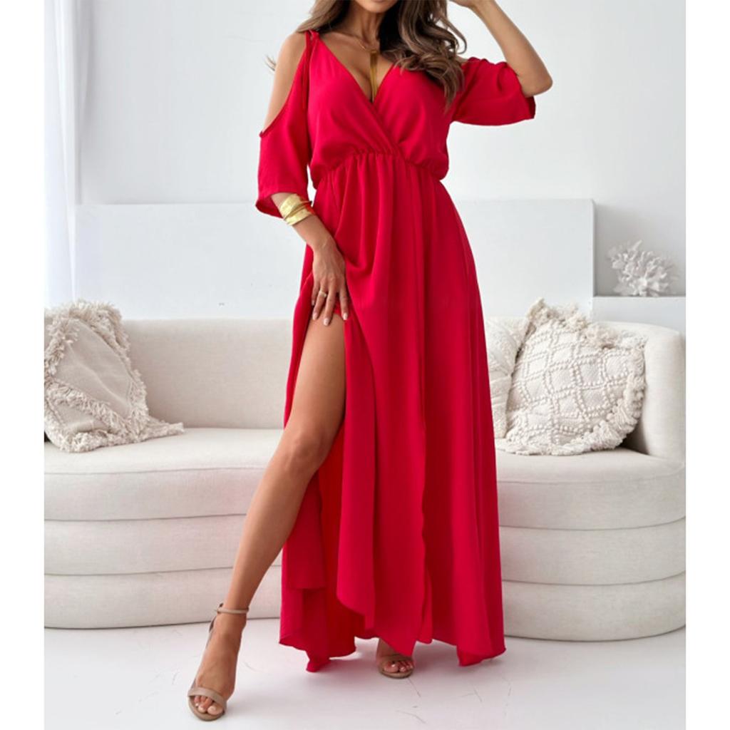 Damska modna sukienka z krótkim rękawem i dekoltem w serek w jednolitym kolorze