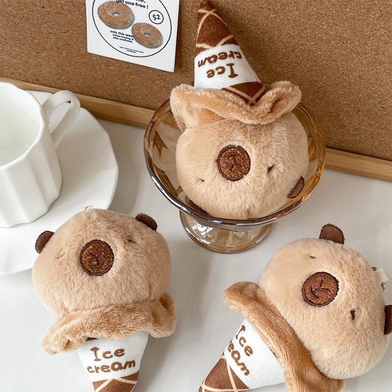 Capybara Plush Keychain Ice Cream Cone Cartoon Soft Creative Bag Pendant Desk Decor Doll Gift Stuffed Animal Accessories