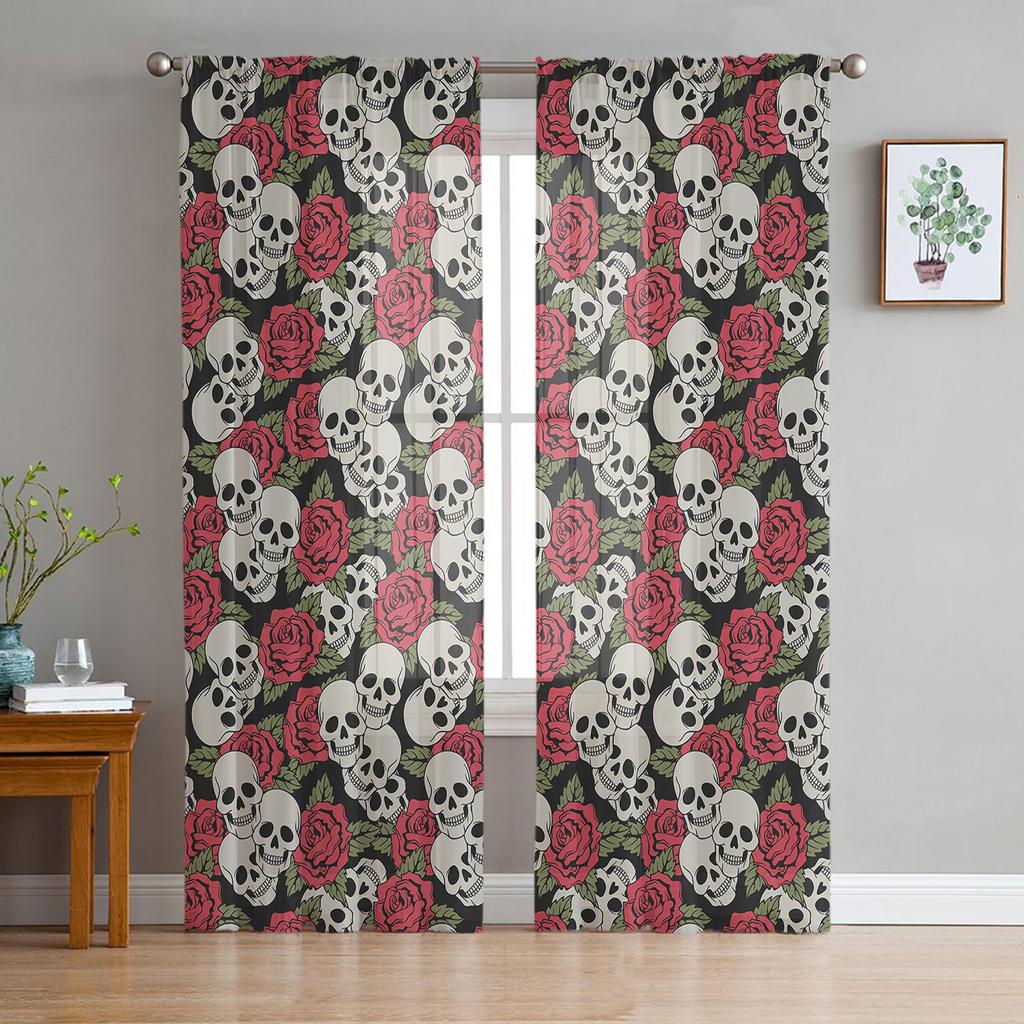 Skull Roses Flower Curtain Window Tulle For Living Room Bedroom The Kitchen Window Treatment Decorations Curtains