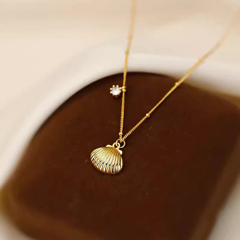 S925 Sterling Silver Christmas Scallop Necklace - Striped Shell & Bead Clavicle Chain, Korean Blogger Style