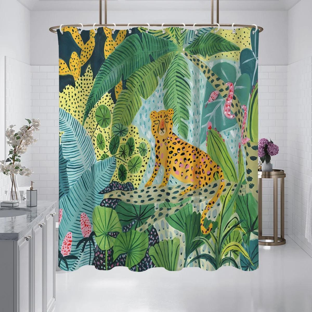 

1Pcjungle Leopard Pattern Printed Shower Curtain, Waterproof, With 12 Hooks, Suitable For Bathroom Shower,Home Use W60H190(CM)-1 Pcs