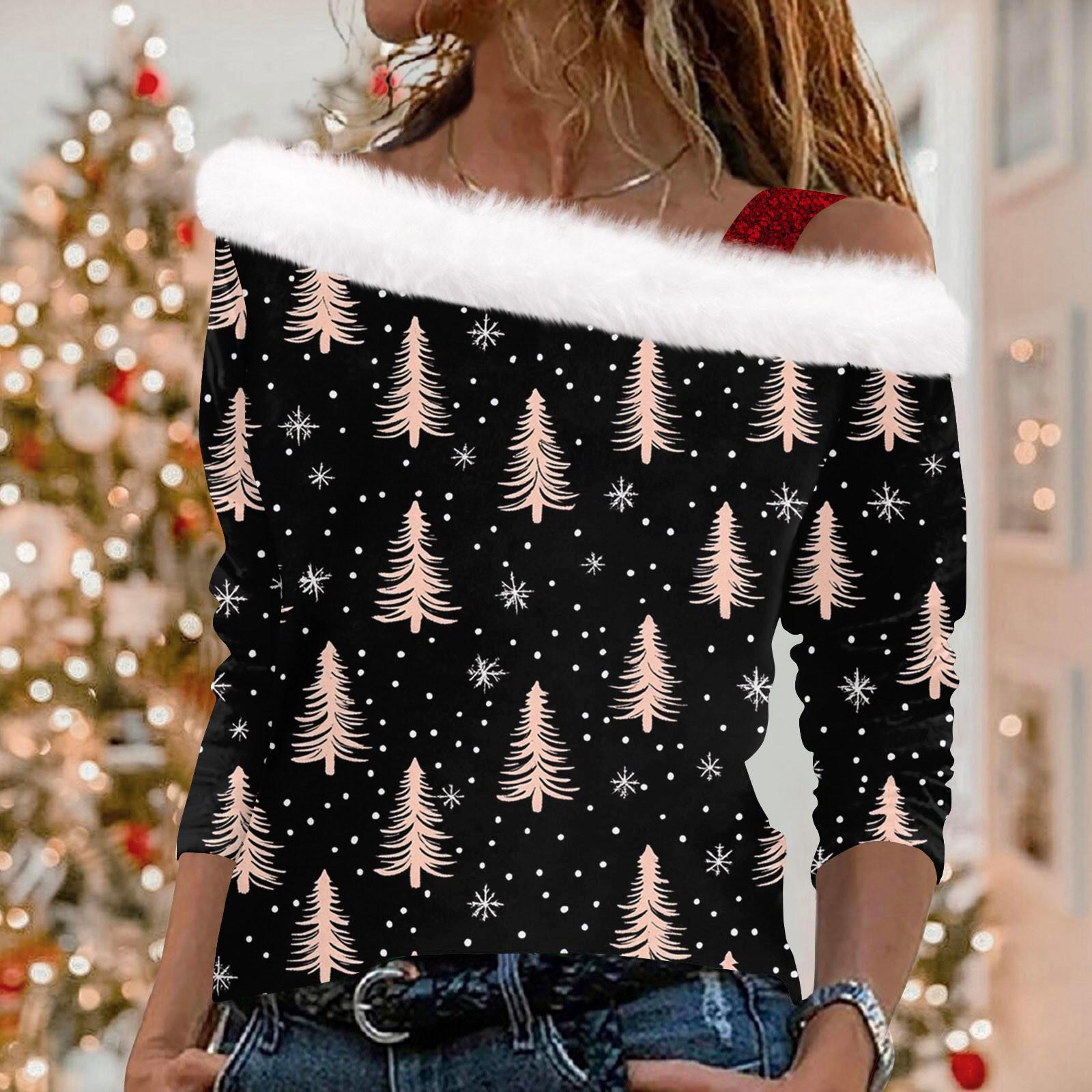 

Женский повседневный рождественский принт с длинными рукавами и без бретелек из плюша M чёрный