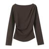 Women Long Sleeve T‑Shirt Asymmetric Ruched Top Slant Neck Elastic Slim Fit Solid Color Blouse