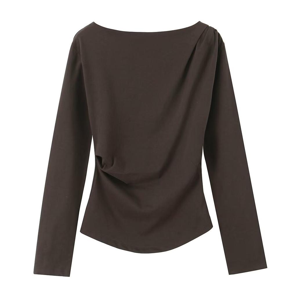 Women Long Sleeve T‑Shirt Asymmetric Ruched Top Slant Neck Elastic Slim Fit Solid Color Blouse