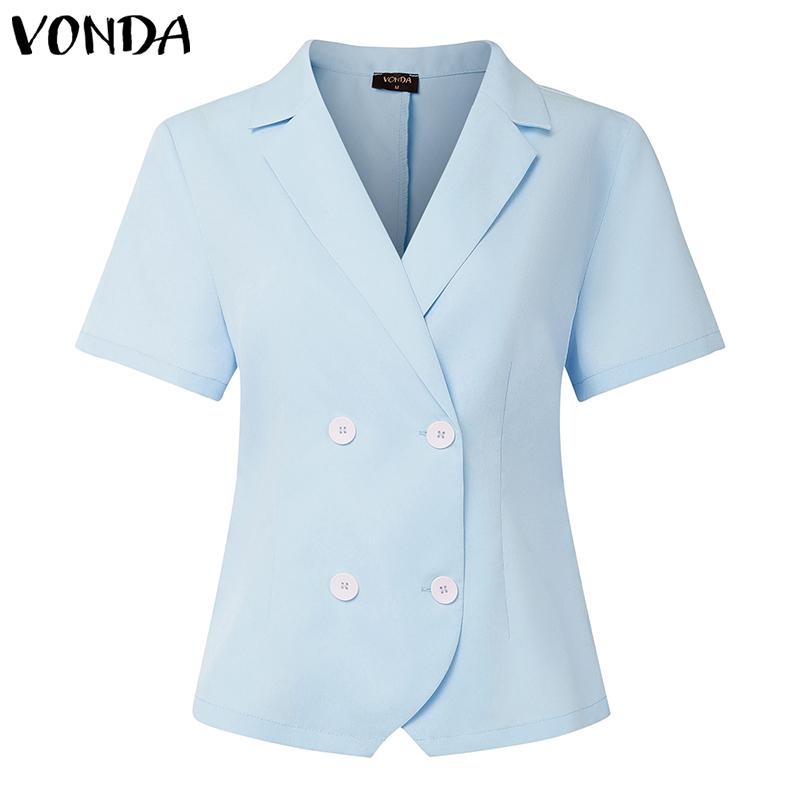 

ZANZEA Женская повседневная блузка с лацканами, коротким рукавом и приталенным силуэтом для офиса 5XL синий