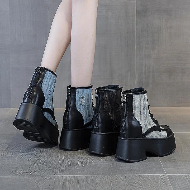 Fashion Distinctive Women's Boots with Thick Soles, Perfect for Autumn and Winter, Vintage Distressed Denim and Front Tie Back Zipper