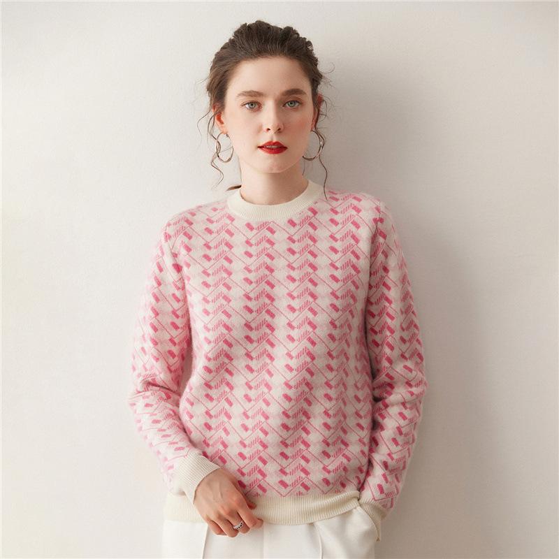 2025 Autumn/Winter Women's Soft Warm Cashmere Sweater – Color Block Round Neck Knit with Long Sleeves