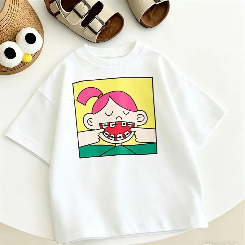 Short Sleeve Tops Boys And Girls Cartoon Fashion Clothing Round Neck Base Shirt Pure Cotton Clothes Baby Round Neck Pullovers 100
