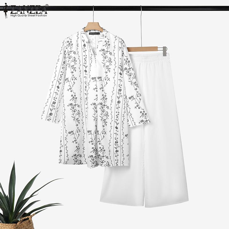 ZANZEA Women Print Long Blouse and Pants Casual Two Piece Suit Sets