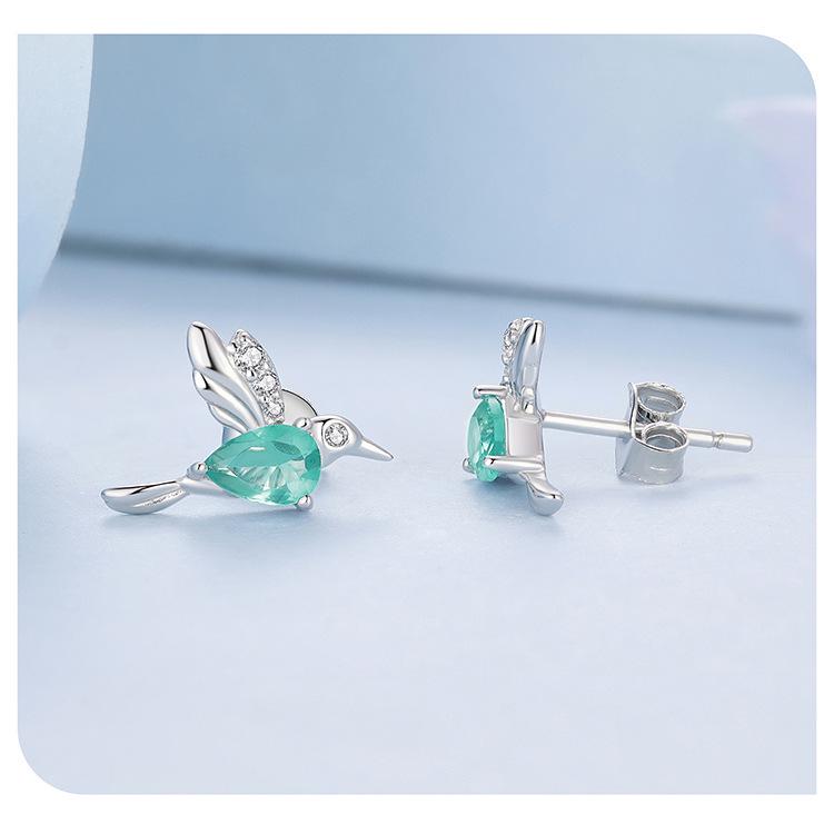 Avle S925 Sterling Silver Light Green Teardrop Hummingbird Earrings