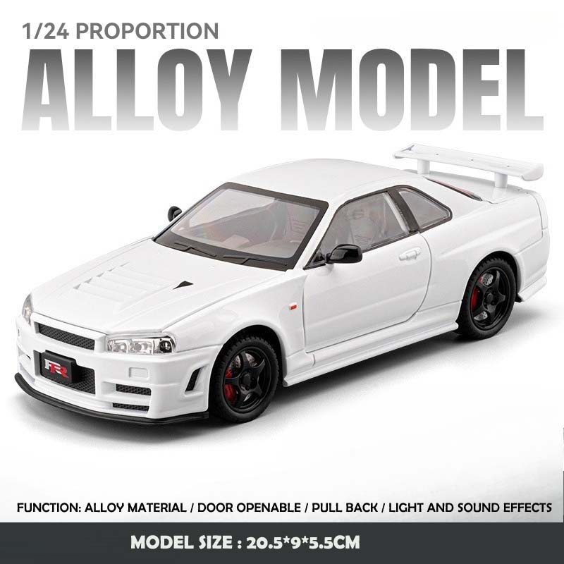 1/24 Skyline GTR R34 Static Diecast Car Sound Light Pull Back Detailed Rubber Tires Desktop Hobby Collectible Boys Gift