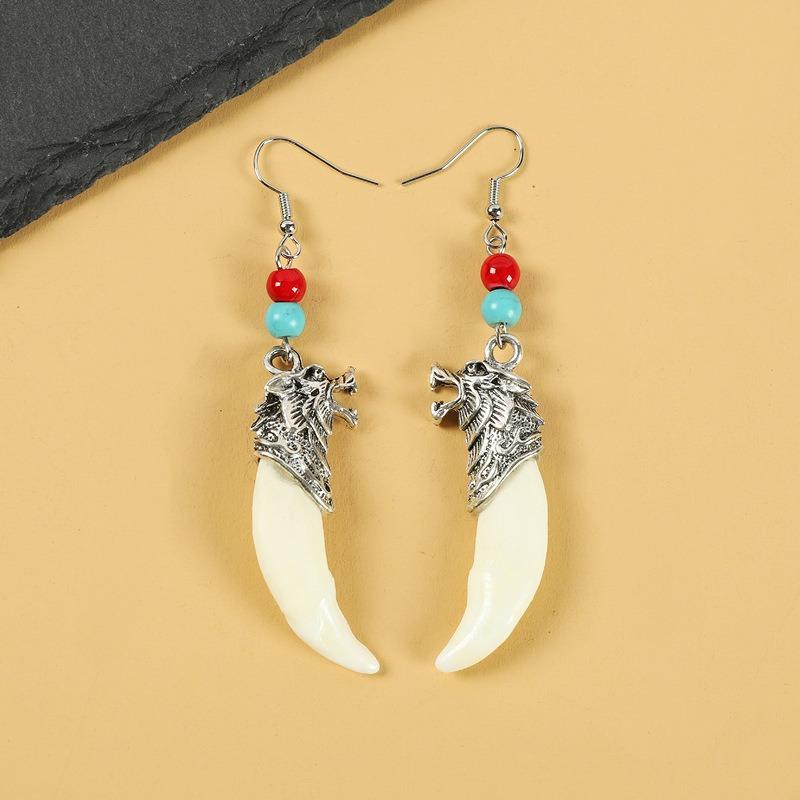Tibetan wolf tooth earrings Tibetan silver inlaid real Tibetan mastiff dog tooth personality temperament niche earrings Tibetan earrings