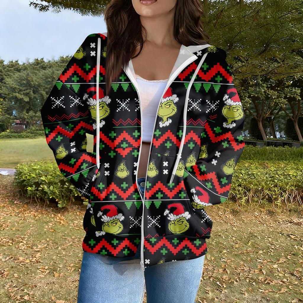 Women's Casual Fashion Long Sleeve Zipper  Printed Hooded Sweatshirt