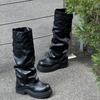 Pleated Boots Pants Tube Versatile Knee Belt Buckle Pile Boots Skinny Black But Big Head Muffin Thick Sole Knight Boots