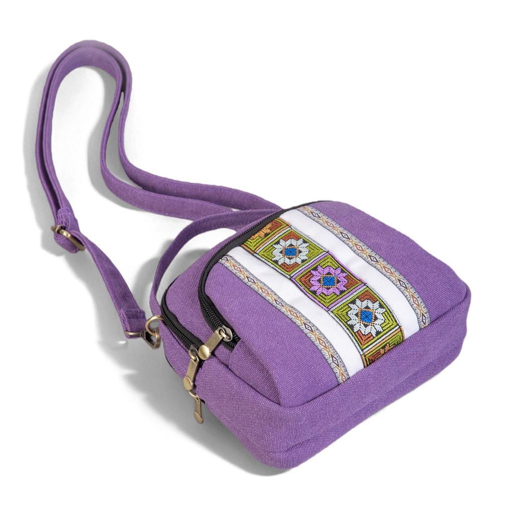 Ethnic Embroidery Canvas Crossbody Bag For Daily Use With Zipper Closure And Multiple Pockets