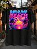 Miami Beach Florida Schriftzug Mit Neon Sonnenuntergang Palmen Skyline Und Sonne Sand Vibes Synthwave Reisen Unisex Alles T-Shirt