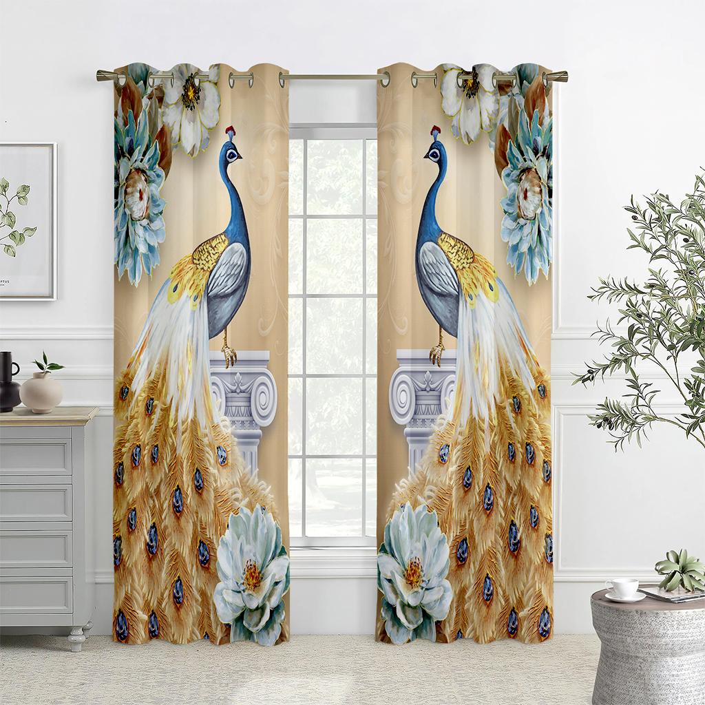 Retro Floral Peacock Print Curtains, Suitable For Bedroom, Living Room And Kitchen Decoration Light-Transmitting Curtains 2PCS