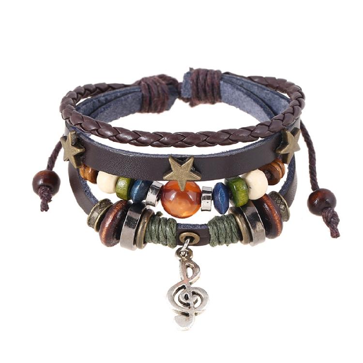 

Musical Note Cowhide Bracelet Rope Braid Wrap Multi Layer Wood Bead Wristband коричневый