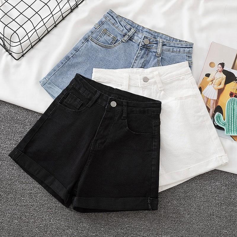 Basic-Baumwoll-Denim-Shorts für Damen, Sommer, hoher Bund mit umgeschlagenen Kanten, Freizeitkleidung