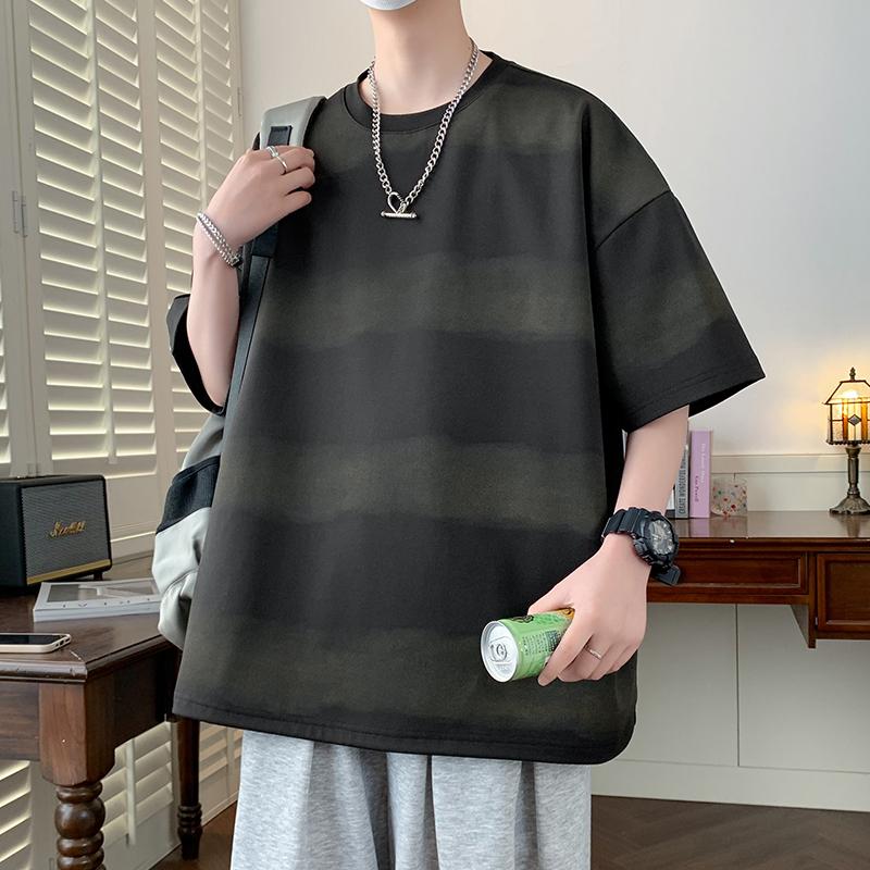 Striped Distressed Short-sleeved T-shirt American Retro Loose Half-sleeved T-shirt 2XL
