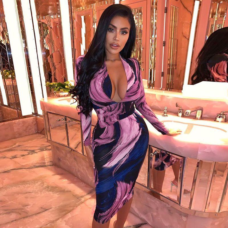 

Amazon Cross-Border Fashion Spring and Autumn New Women s Print Silm Sexy Long Sleeves Dress Tide Purple S