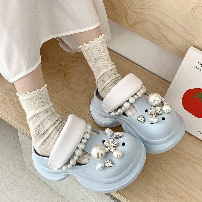 Fashion String Bead Glitter Slides Shoes Woman 2025 Cover Toe House Slippers Platform Jelly Flat Crystal Glitter Slides String Bead Cove