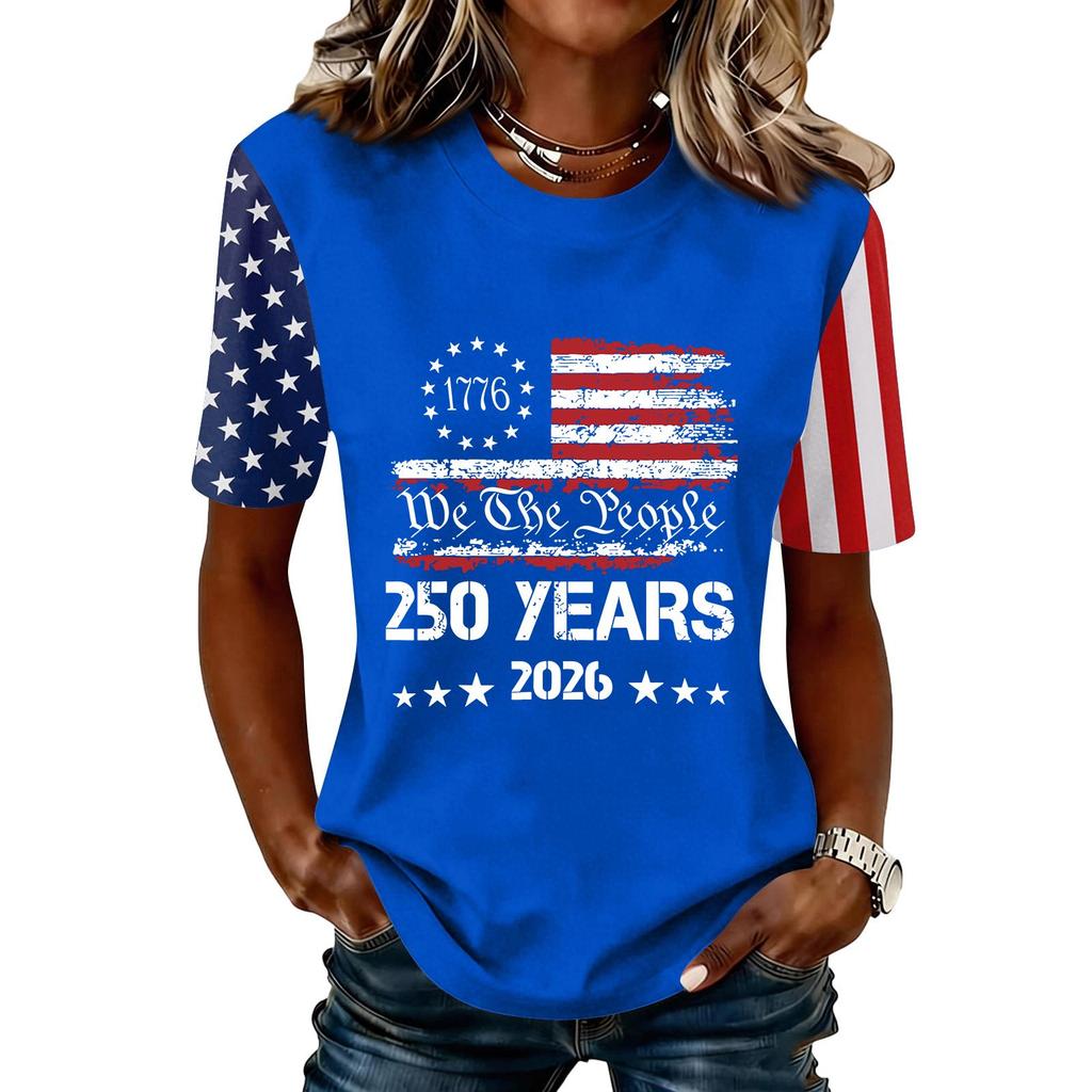 Blusa Feminina da Moda Casual de Manga Curta com Estampa e Gola Redonda