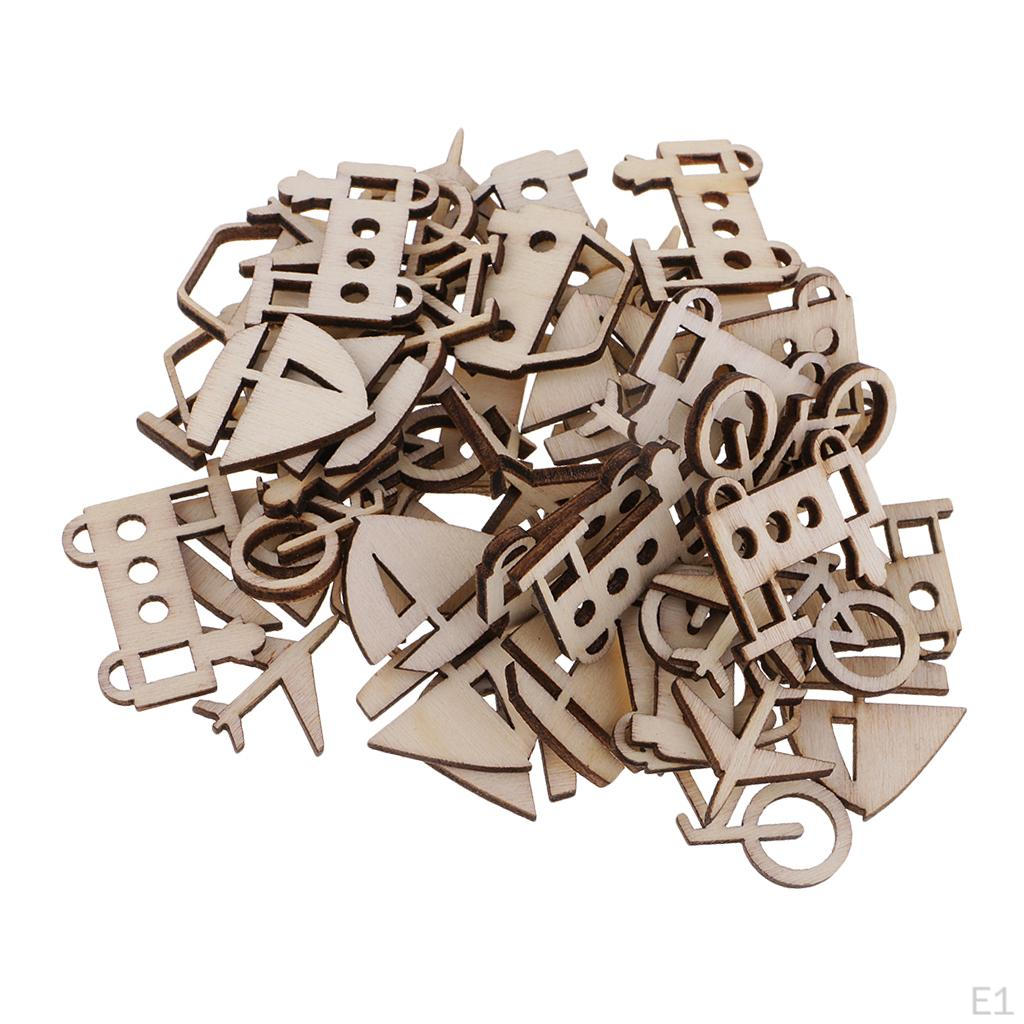 50 Pieces Blank Wood Bike Ship Car Train Plane Wooden Shapes Plaque Embellishment Tags for Kids