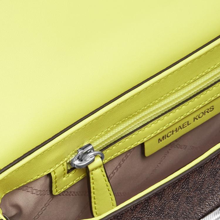 Michael Kors MK Bradshaw Woven Flap Vintage Monogram Chain Leather Baguette Shoulder Bag Small Women shoulder bag Brown Yellow 30S1S2BL1B763