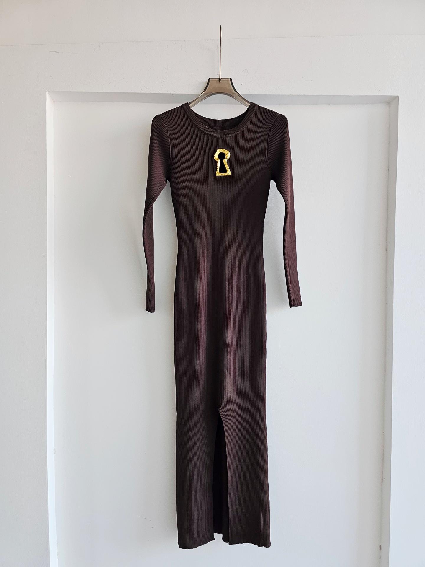 

Women s French High-End Keyhole Long Sleeve Knit Dress with Metal Trim and Slit One Size кавовий